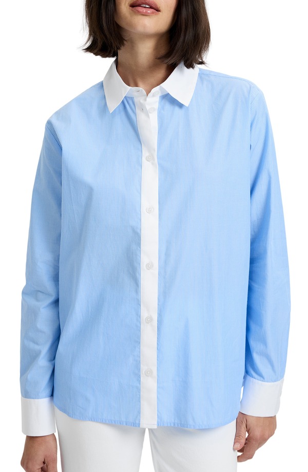 フレンチコネクション レディース トップス シャツ コットン French Connection Ticking Stripe Cotton Poplin Button-Up Shirt BLUE HYDRANGEA SUMMER ブルー｜ReVida 店