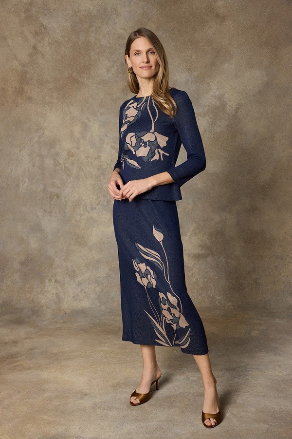 ミンウォン レディース トップス シャツ フラワー柄 プラスサイズ ニット フラワー Ming Wang Floral Jacquard Soft Knitop (Plus) Indigo/Ivory/Warm Taupe アイボリー|ReVida 店