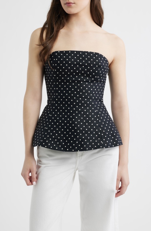 フェイスフルザブランド レディース トップス シャツ ドット柄 ドット ストラップレス リネン Faithfull the Brand Petro Polka Dot Strapless Linen Peplum Top LOLA POLKA DOT-BLACK/ CREAM クリーム|ReVida 店