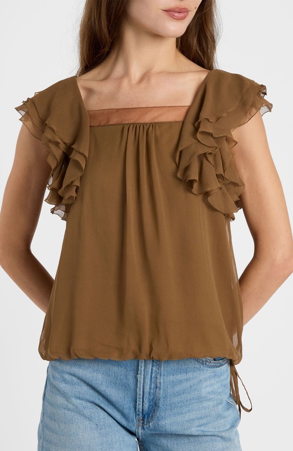 サントレッリ レディース トップス シャツ ジョーゼット フリル シルク ブラウス Santorelli Chass Ruffle Blouse in Silk Georgette Dark Bronze|ReVida 店