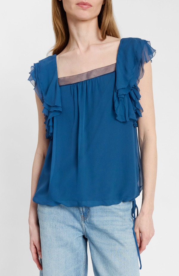 サントレッリ レディース トップス シャツ ジョーゼット フリル シルク ブラウス Santorelli Chass Ruffle Blouse in Silk Georgettelectric Blue ブルー｜ReVida 店