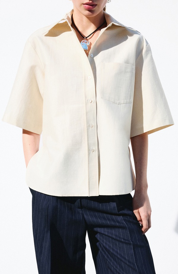 マンゴ レディース トップス シャツ コットン MANGO Cotton Blend Tie Back Button-Up Shirt BEIGE ベージュ｜ReVida 店