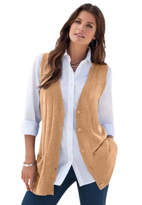 ロアマンズ レディース アウター パーカー・スウェット プラスサイズ ベスト セーター ニット Roaman's Plusize Drop Needle Vest Lightweight Sweater Knit (Plus Regular) SOFT CAMEL キャメル|ReVida 店
