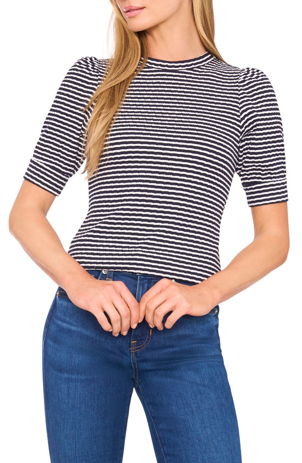 ハロゲン レディース トップス シャツ プチ Halogen Stripe Puff Sleeve T-Shirt (Petite Regular) BARITONE BLUE ブルー｜ReVida 店