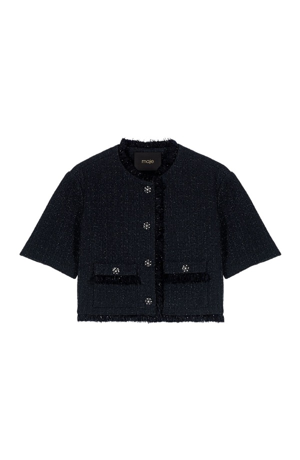 マージュ レディース アウター ジャケット・ブルゾン ツイード maje Short shiny tweed jacket Black ブラック｜ReVida 店