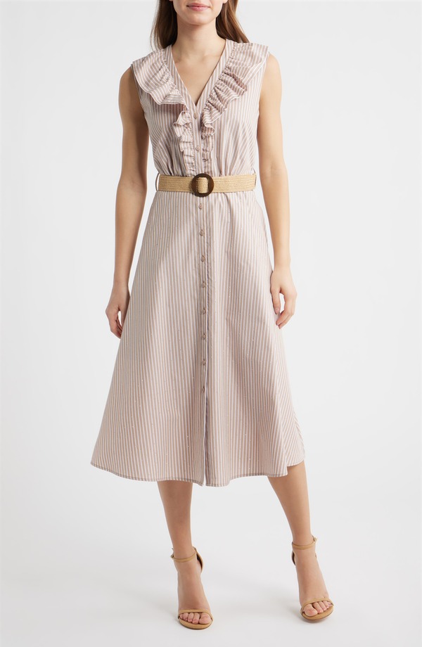 サムエデルマン レディース トップス ワンピース シャツ ノースリーブ コットン Sam Edelman Stripe Rhinestone Detail Sleeveless Cotton Shirtdress TAUPE トープ｜ReVida 店 22,485円