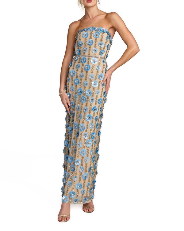 マックダガル レディース トップス ワンピース メッシュ スパンコール ストラップレス アンクル Mac Duggal Beaded Sequin Mesh Strapless Ankle Dress Nude Blue ブルー｜ReVida 店 222,400円