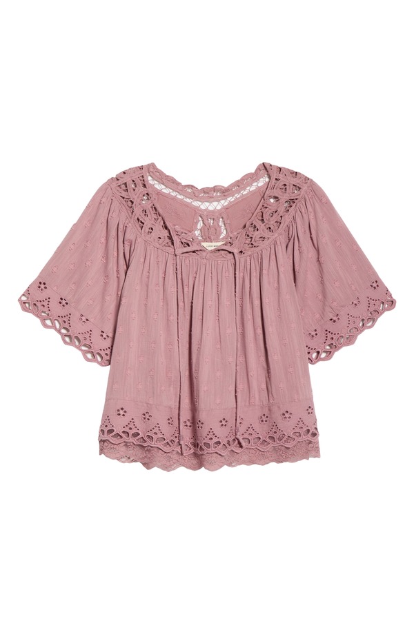 ラッキーブランド レディース トップス シャツ 刺繍 レース Lucky Brand Battenburg Lacembroide red Top NOSTALGIA ROSE｜ReVida 店