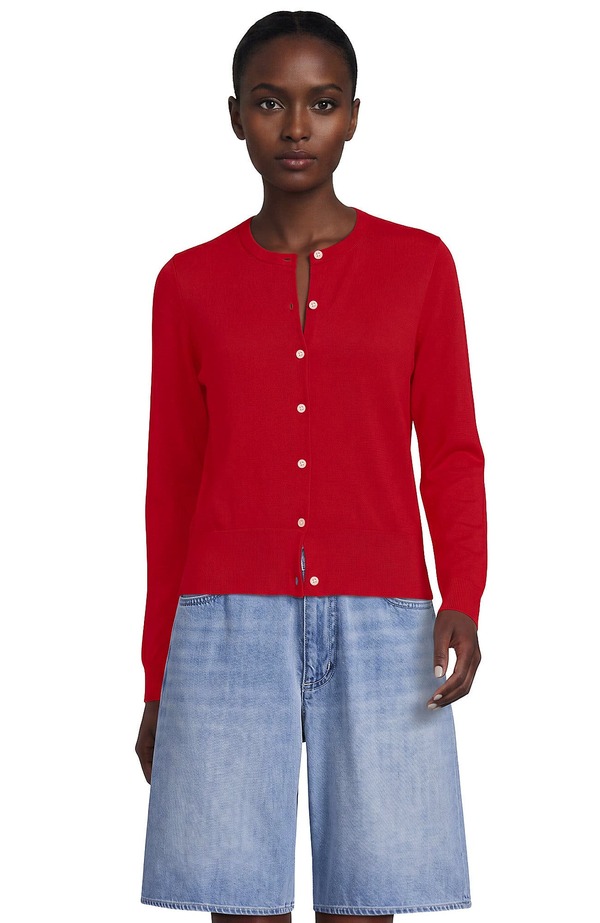 ランズエンド レディース アウター パーカー・スウェット セーター コットン カーディガン Lands' End Fine Gauge Cotton Crew Cardigan Sweater Compass Red レッド|ReVida 店