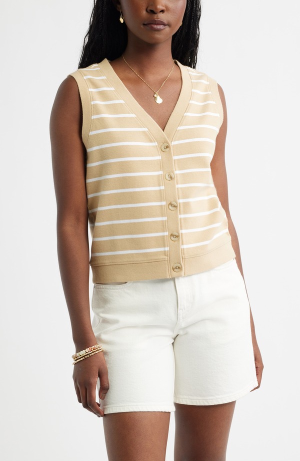 キャスロン レディース アウター パーカー・スウェット ニット Caslon Button Front Knitank TAN WHITE STRIPE ホワイト|ReVida 店