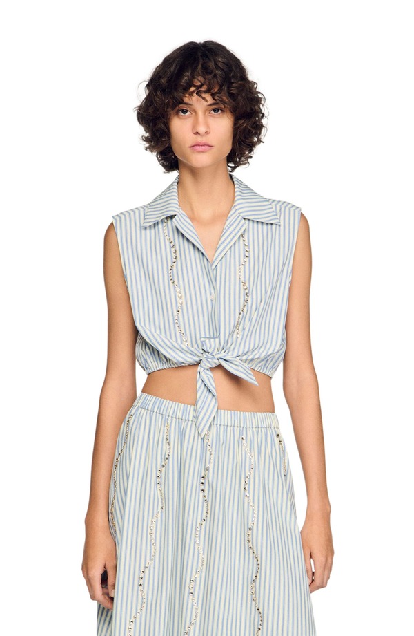 サンドロ レディース トップス シャツ クロップド SANDRO Cropped striped rhinestone shirt Blue ブルー|ReVida 店