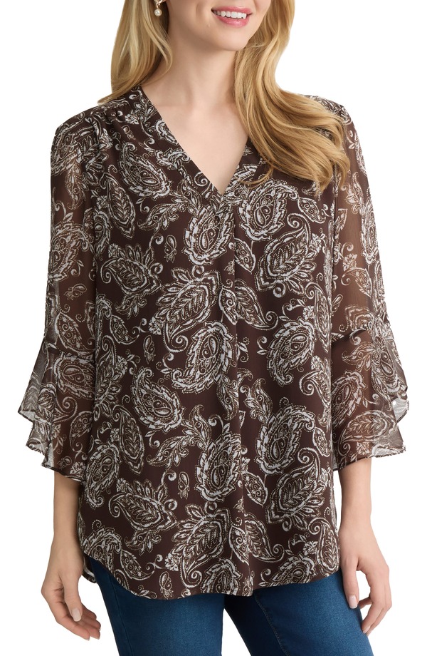 ジョーンズニューヨーク レディース トップス シャツ Jones New York Flutter Sleeve Paisley Top FUDGE/ WHITE SAND MULTI ホワイト｜ReVida 店