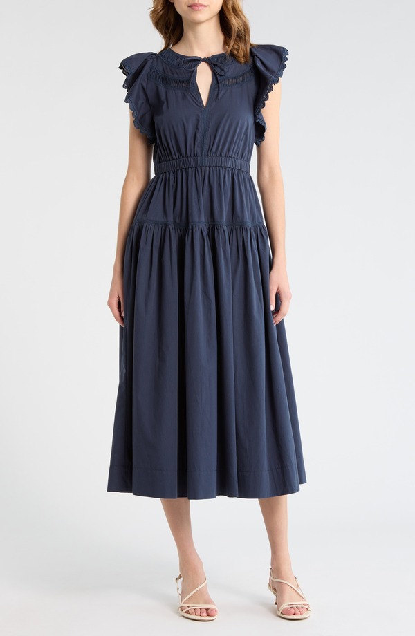 ムーンリバー レディース トップス ワンピース ミディ MOON RIVER Flutter Sleeve Midi Dress NAVY ネイビー|ReVida 店