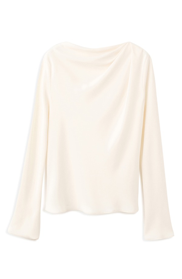 マンゴ レディース トップス シャツ ドレープ MANGO Long Sleeve Drape Bateau Neck Top ECRU エクリュ｜ReVida 店