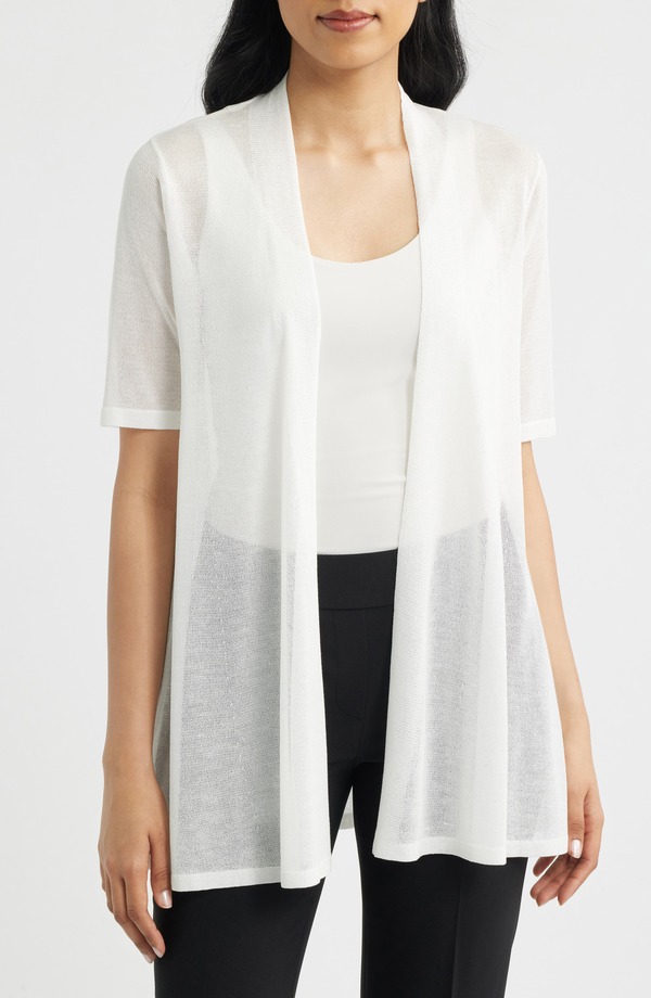 アンクライン レディース アウター パーカー・スウェット セミシアー プチ シアー カーディガン Anne Klein Semisheer Short Sleeve Cardigan (Petite Regular) WHITE DOVE ホワイト｜ReVida 店