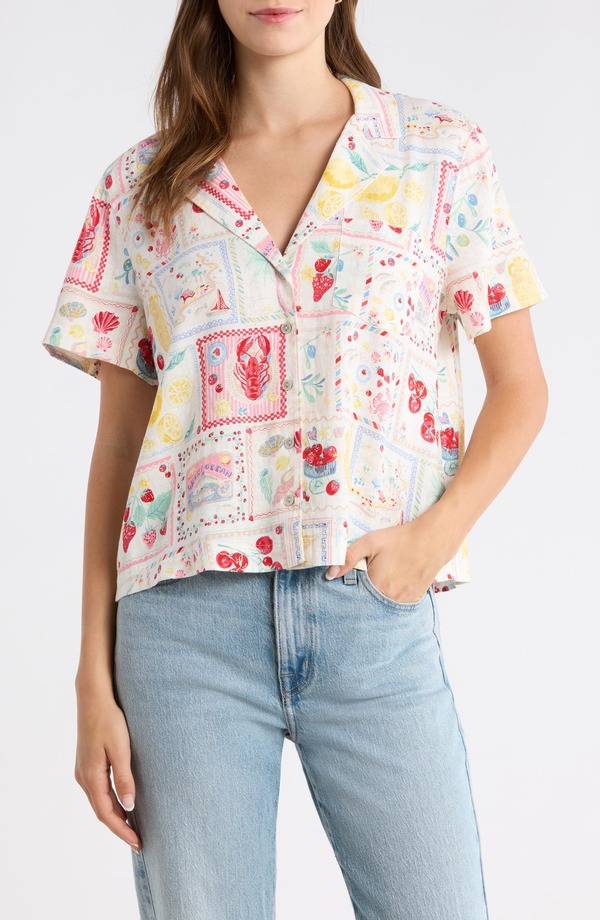 ラッキーブランド レディース トップス シャツ プリント リネン Lucky Brand Post Card Print Linen Blend Camp Shirt MULTI POSTCARD マルチカラー｜ReVida 店