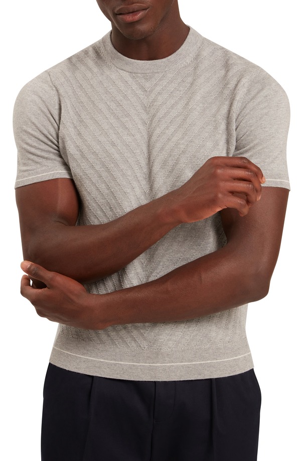 テッドベーカー メンズ トップス Tシャツ クルーネック ウール セーター コットン Ted Baker Canon Chevron Texture Short Sleeve Cotton & Wool Crewneck Sweater Light-Grey グレー