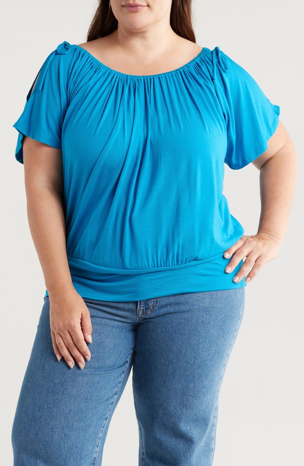 24 セブンコンフォート レディース トップス シャツ プラスサイズ 24seven Comfort Apparel Banded Blouson Top (Plus) TURQUOISE ターコイズ｜ReVida 店