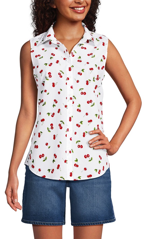 ランズエンド レディース トップス シャツ プチ トール ノースリーブ Lands' End Sleeveless No Iron Shirt (Petite Regular Tall) Cherries/White ホワイト｜ReVida 店