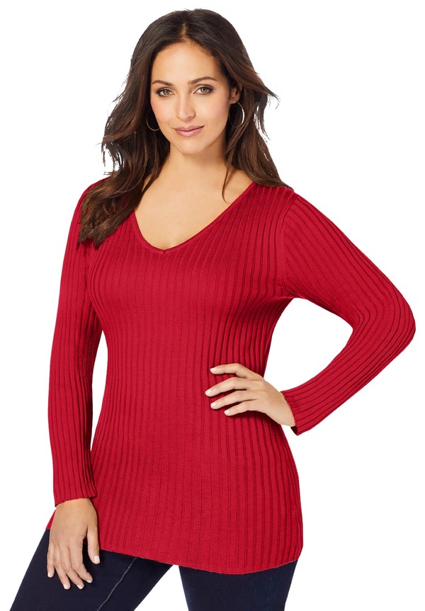 ジェシカロンドン レディース アウター パーカー・スウェット Vネック プラスサイズ リブ セーター Jessica London V Neck Ribbed Sweater (Plus Regular) CLASSIC RED レッド｜ReVida 店