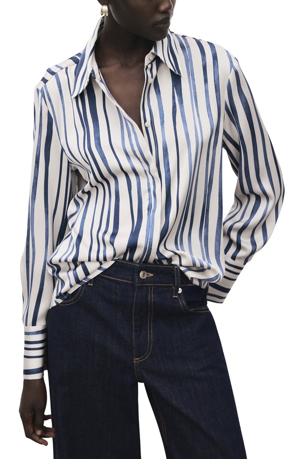 マンゴ レディース トップス シャツ プラスサイズ サテン MANGO Stripe Satin Button-Up Shirt (Plus Regular) NAVY ネイビー｜ReVida 店