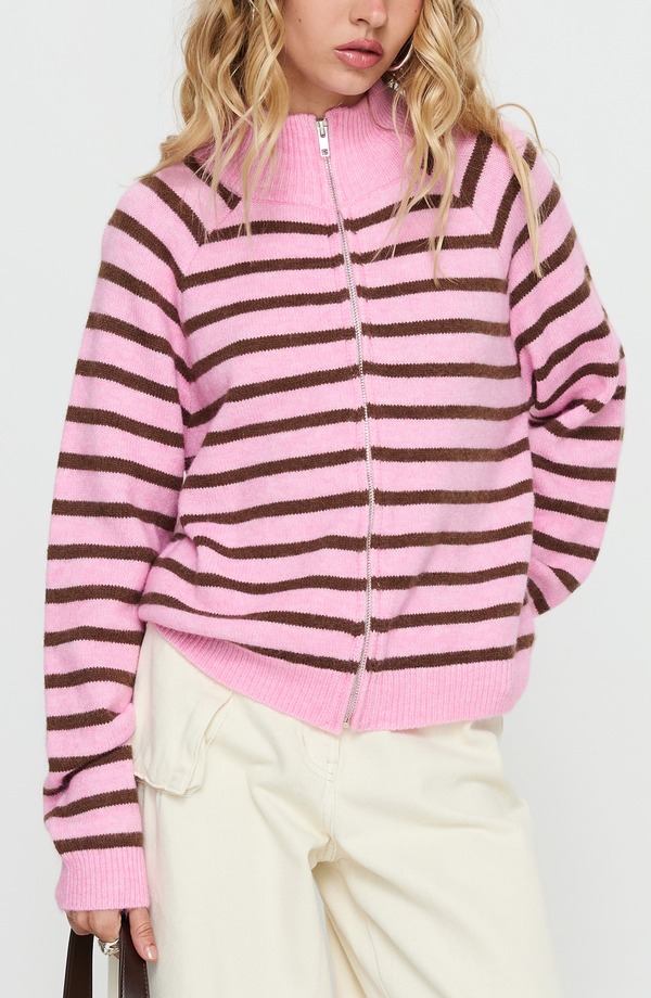 プリンセスポリー レディース アウター パーカー・スウェット カーディガン Princess Polly Kaylei Front Zip Cardigan PINK STRIPE ピンク|ReVida 店