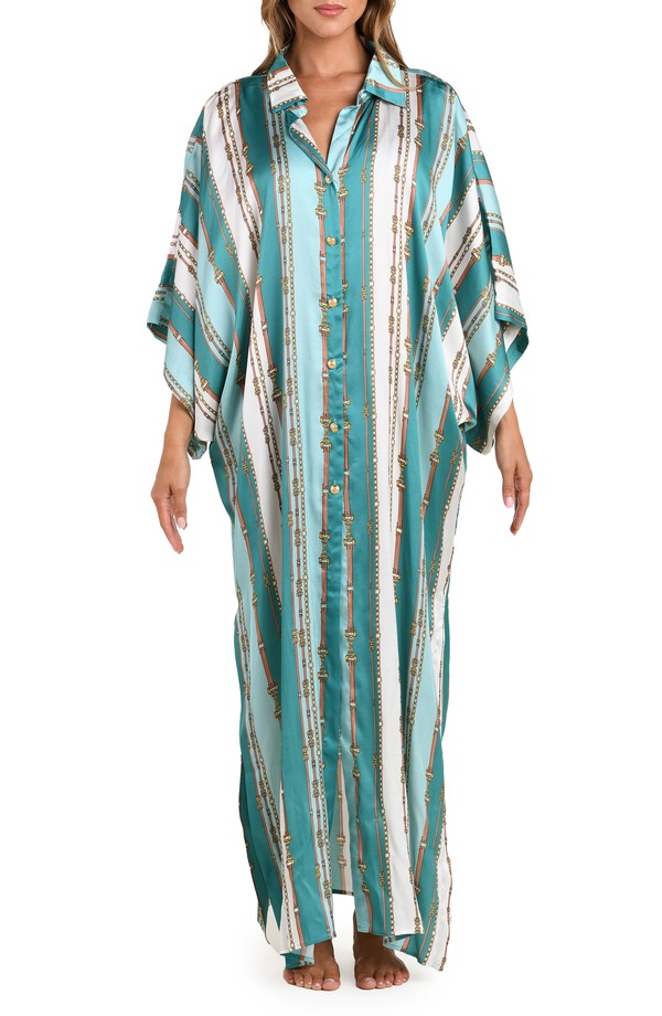 ラジャンス レディース トップス ワンピース シャツ サテン マキシ L'AGENCE Wrena Belt Stripe Satin Maxi Cover-Up Shirtdress GREEN MULTI グリーン｜ReVida 店