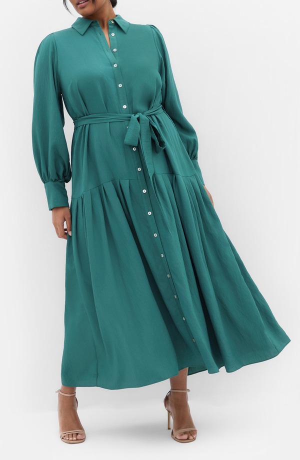 シティーシック レディース トップス ワンピース プラスサイズ シャツ City Chic Romie Button-Up Shirtdress (Plus) JADE｜ReVida 店