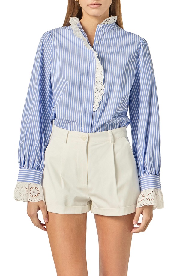 イングリッシュファクトリー レディース トップス シャツ レーストリム レース English Factory Stripe Scalloped Lace Trim Button-Up Shirt BLUE/ WHITE STRIPE ホワイト｜ReVida 店