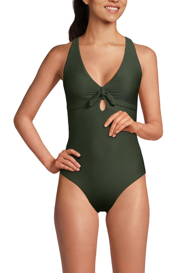 ランズエンド レディース トップス ワンピース リブ Lands' End Ribbed Knot Front One Piece Swimsuit Rich Olive Green Ottoman グリーン｜ReVida 店