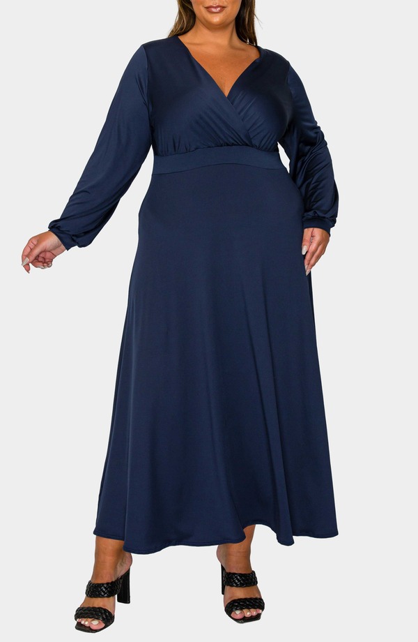 リブド レディース トップス ワンピース プラスサイズ サテン マキシ L I V D Sophia Surplice Neck Long Sleeve Satin Maxi Dress (Plus) NAVY ネイビー|ReVida 店