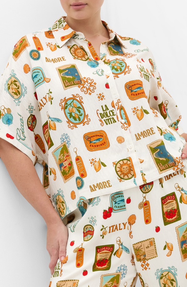 シティーシック レディース トップス シャツ プラスサイズ プリント City Chic Amore Amalfi Print Button-Up Shirt (Plus) CREME LA DOLCHE｜ReVida 店
