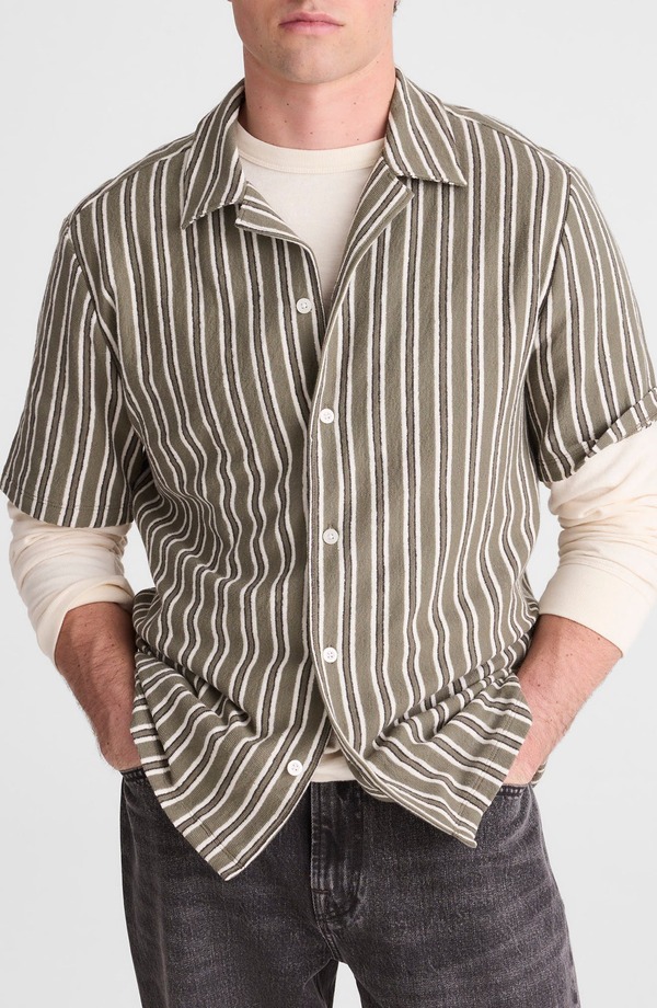 メイドウェル メンズ トップス シャツ パイル Madewell Seaporterry Camp Shirt STRIPE OLIVE オリーブ|ReVida 店