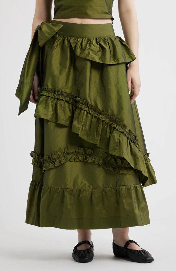 ダムソンマダー レディース ボトムスカート フリル Damson Madder Constance Ruffle Detail Skirt OLIVE オリーブ｜ReVida 店