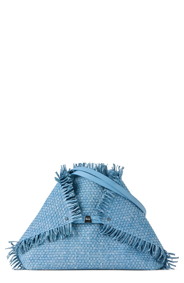 アクリス レディース バッグ デニム フリンジ Akris Medium AI Fringed Woven Denim Convertible Tote 719 GREY SKY グレー｜ReVida 店
