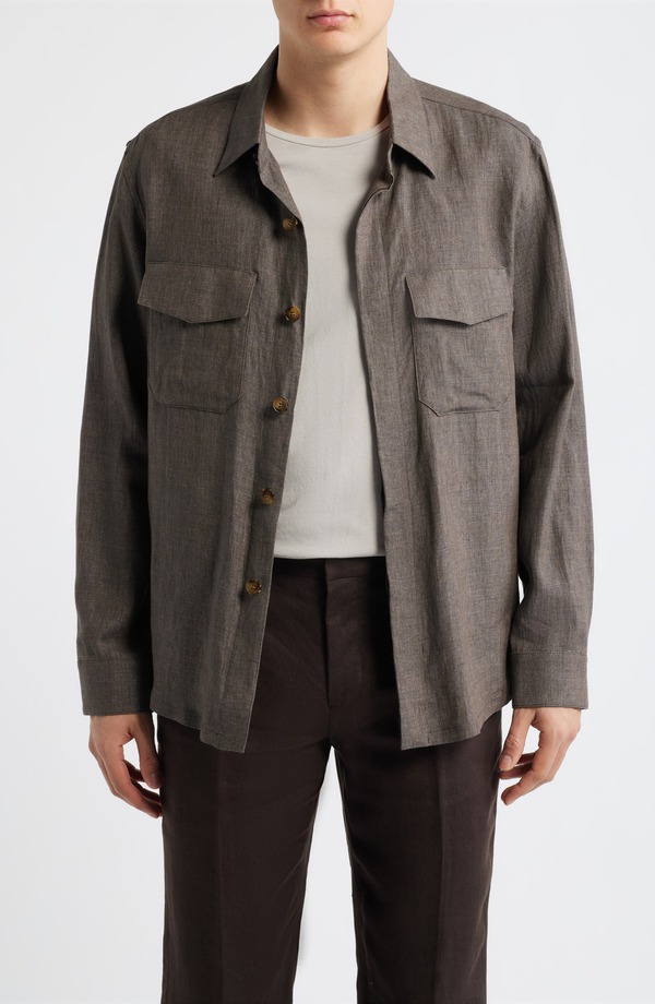 カナーリ メンズ アウター コート リラックスフィット シャツ リネン Canali Relaxed Fit Linen Overshirt DARK BROWN ブラウン｜ReVida 店
