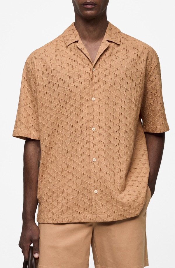 マンゴ メンズ トップス シャツ コットン MANGO Short Sleeve Cotton Button-Up Shirt SALMON サーモン｜ReVida 店