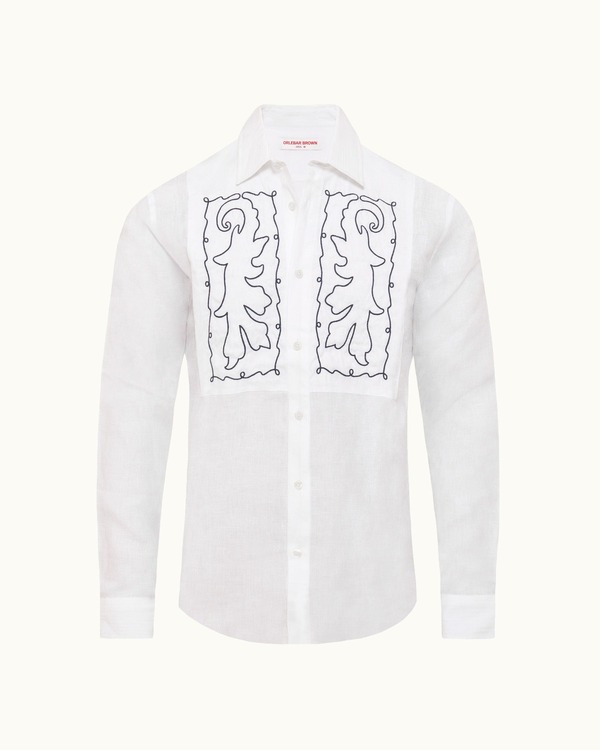 【送料無料】 オールバー ブラウン メンズ シャツ トップス Giles Embroidery Tailored Fit Linen Embroidery Shirt White Sand/Night Iris|ReVida 店