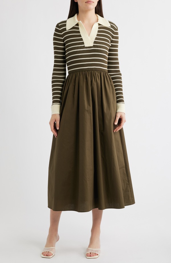 ムーンリバー レディース トップス ワンピース ミディ MOON RIVER Stripe Long Sleeve Twofer Midi Dress DARK OLIVE オリーブ|ReVida 店