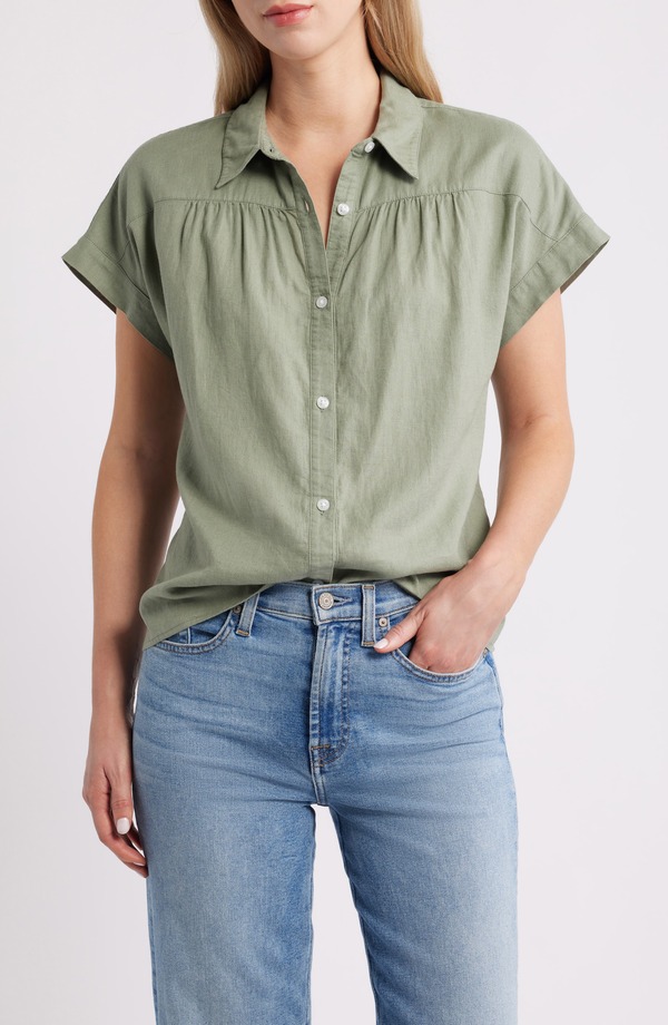 キャスロン レディース トップス シャツ リネン Caslon Short Sleeve Linen Blend Button-Up Shirt GREEN HEDGE グリーン｜ReVida 店