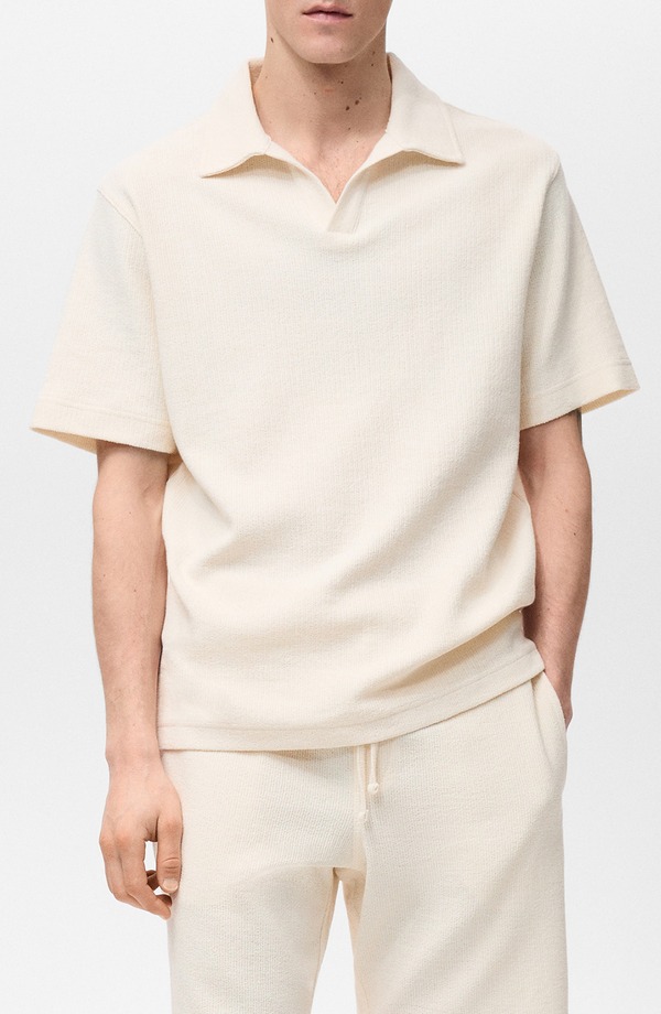 マンゴ メンズ トップス ポロシャツ コットン MANGO Johnny Collar Textu red Cotton Blend Polo ECRU エクリュ｜ReVida 店