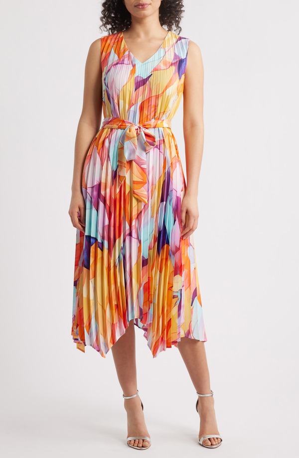 タハリエーエスエル レディース トップス ワンピース プリーツ プリント ミディ Tahari ASL Abstract Print Pleated Handkerchief Hemidi Dress Orange Multi オレンジ