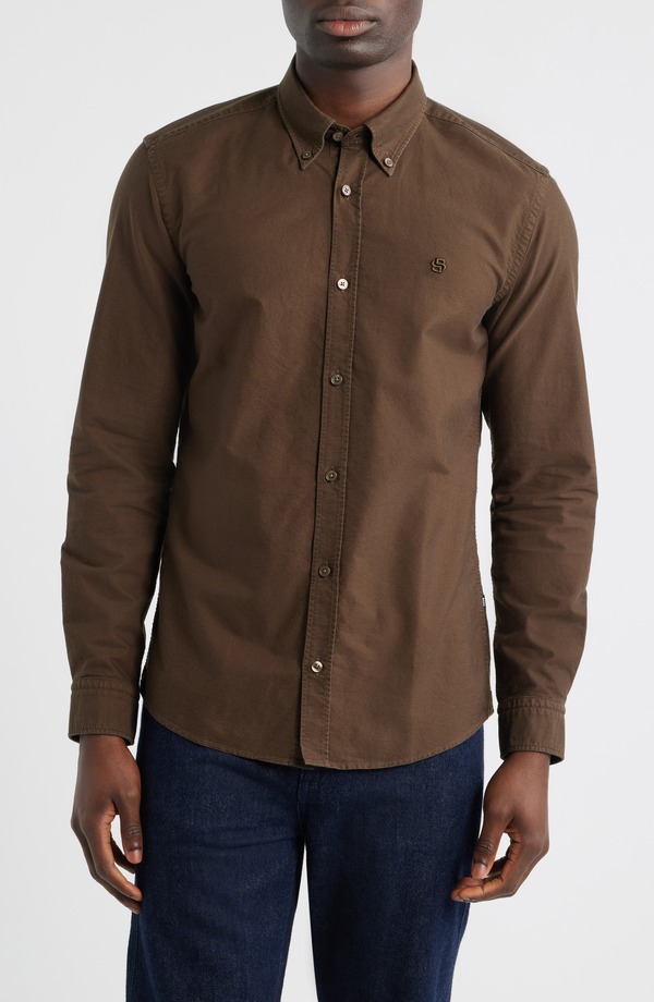 ボス メンズ トップス シャツ スリムフィット コットン ダウン BOSS Roan Slim Fit Solid Cotton Button-Down Shirt Open Green グリーン|ReVida 店