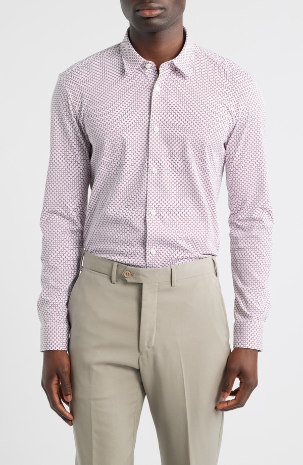 ボス メンズ トップス シャツ スリムフィット プリント ニット BOSS Geo Print Slim Fit Knit Button-Up Shirt Dark Red レッド