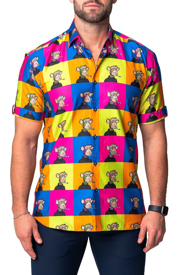マセオ メンズ トップス シャツ プリント コットン Maceoo Galileo Ape Print Short Sleeve Cotton Button-Up Shirt Yellow Multi イエロー|ReVida 店