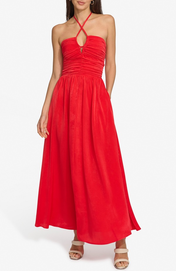 ダナ キャラン ニューヨーク レディース トップス ワンピース ギャザー サテン マキシ ホルター DKNY Ruched Halter Satin Maxi Dress Flame