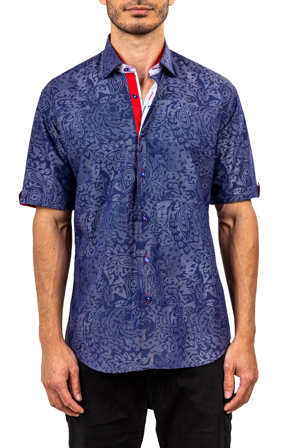 マセオ メンズ トップス シャツ Maceoo Galileo Ascension 0084 Contemporary Fit Short Sleeve Button-Up Shirt Blue ブルー｜ReVida 店