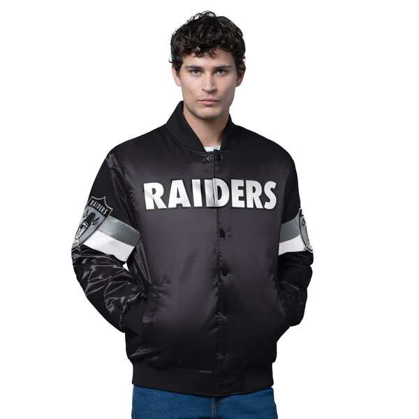 スターター メンズ アウター ジャケット・ブルゾン ヴィンテージ サテン ロゴ Men'starter Black Las Vegas Raiders Triple Option Satin Varsity Vintage Logo Full-Snap Jacket Black ブラック｜ReVida 店
