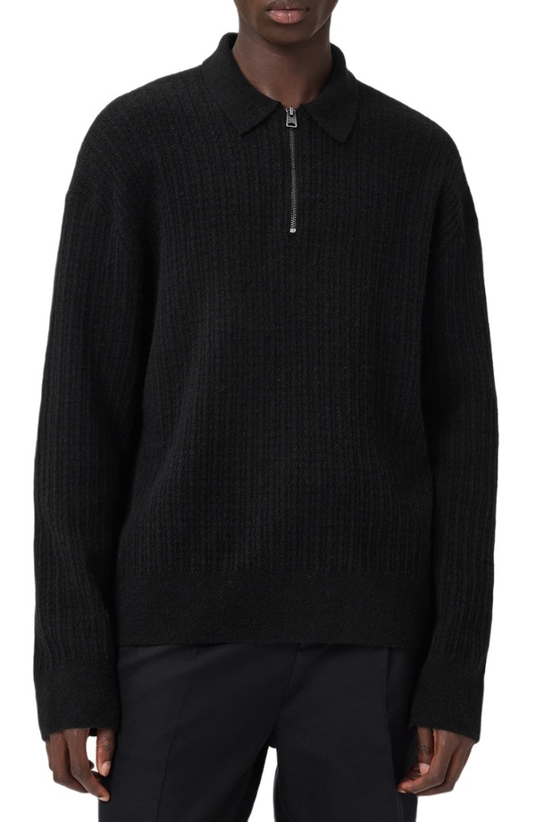 オールセインツ メンズ トップス ポロシャツ ウール セーター AllSaints Jakob Wool & Alpaca Blend Polo Sweater Black ブラック