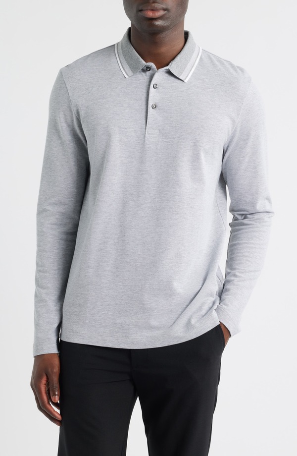 ボス メンズ トップス ポロシャツ コットン BOSS Pittman Long Sleeve Cotton Piqu Polo Silver シルバー